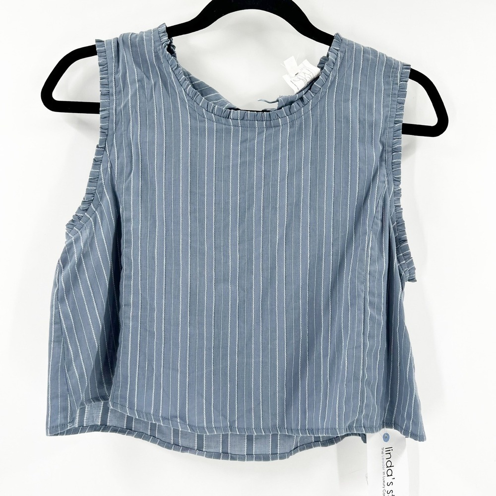 DRA Los Angeles Striped Ruffle Tank Top Sleeveless Blue White Casual